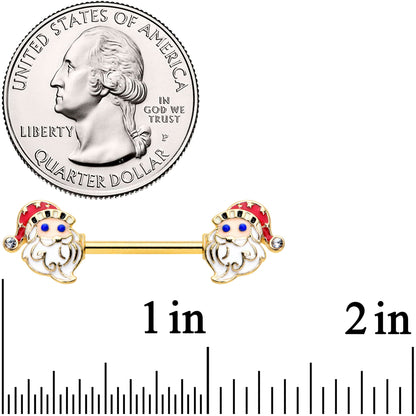 14G 9/16 Clear Gem Gold Hue Happy Santa Christmas Nipple Ring Set