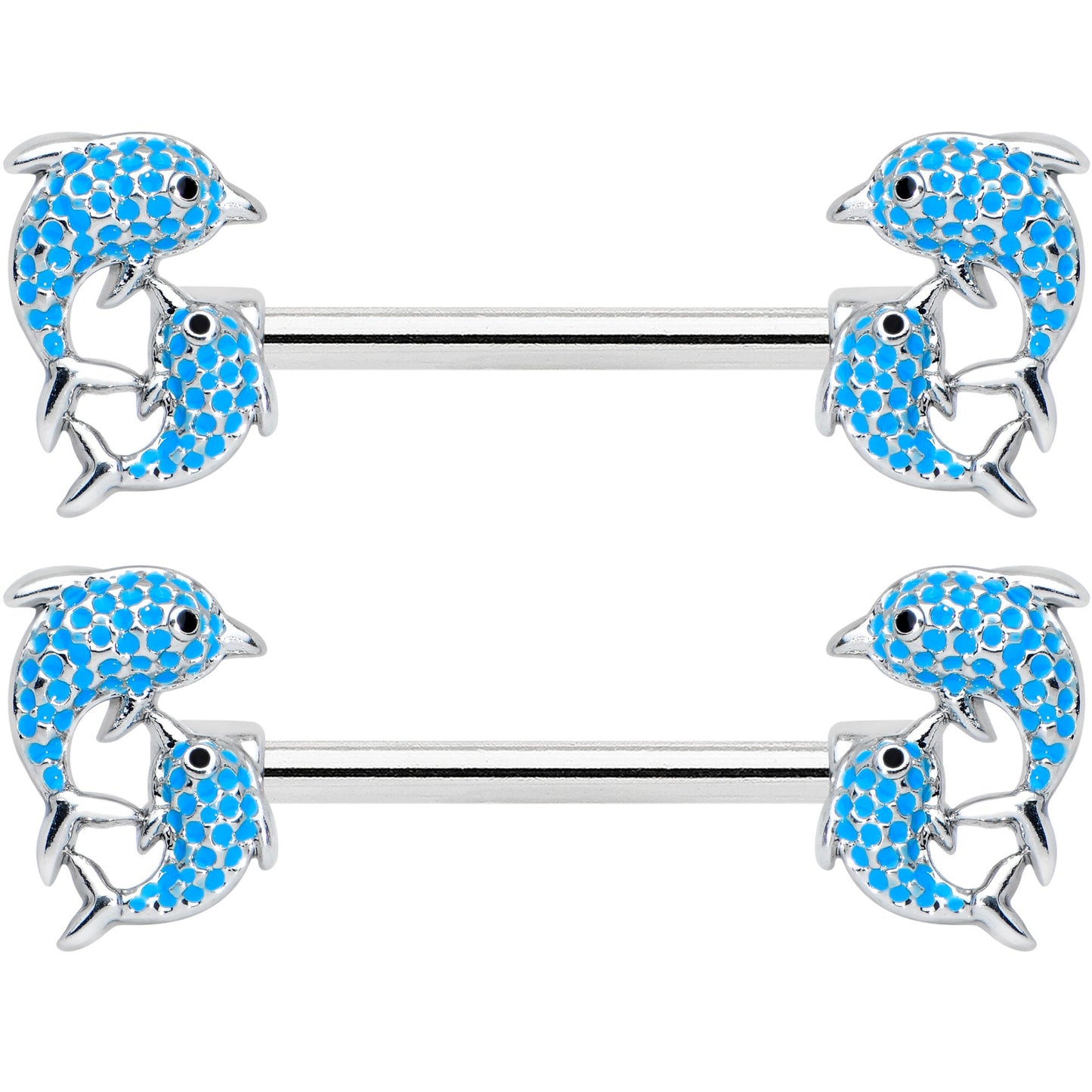 14G 9/16 Black Blue Gem Leaping Dolphin Barbell Nipple Ring Set