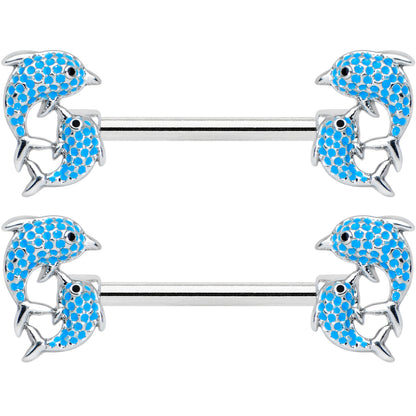 14G 9/16 Black Blue Gem Leaping Dolphin Barbell Nipple Ring Set