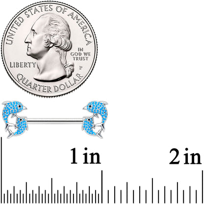 14G 9/16 Black Blue Gem Leaping Dolphin Barbell Nipple Ring Set