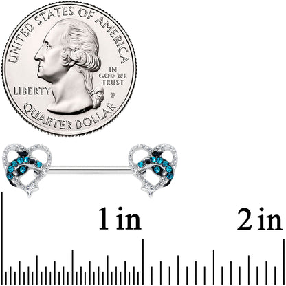 14G 9/16 Clear Blue Gem Dolphin Heart Barbell Nipple Ring Set