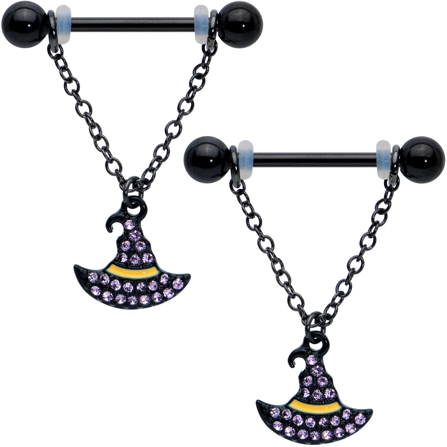14G 9/16 Clear Gem Black Witch Hat Chain Dangle Nipple Ring Set