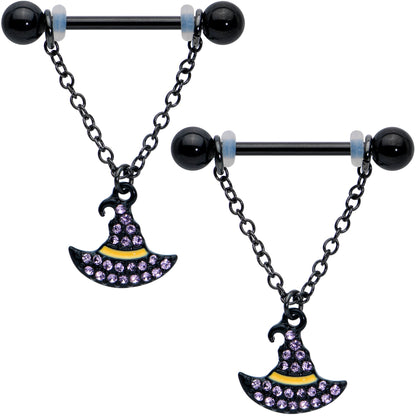 14G 9/16 Clear Gem Black Witch Hat Chain Dangle Nipple Ring Set