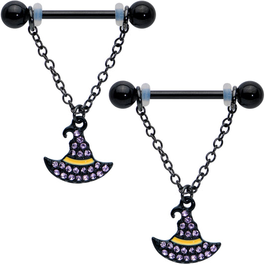 14G 9/16 Clear Gem Black Witch Hat Chain Dangle Nipple Ring Set
