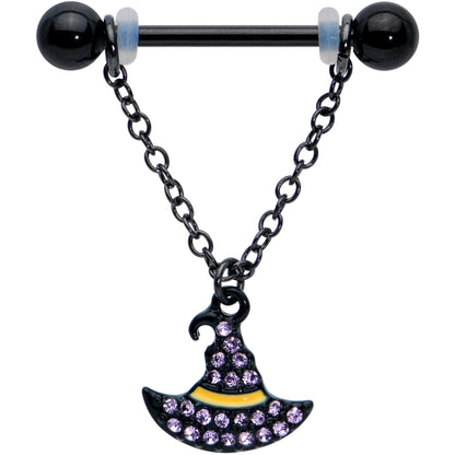 14G 9/16 Clear Gem Black Witch Hat Chain Dangle Nipple Ring Set