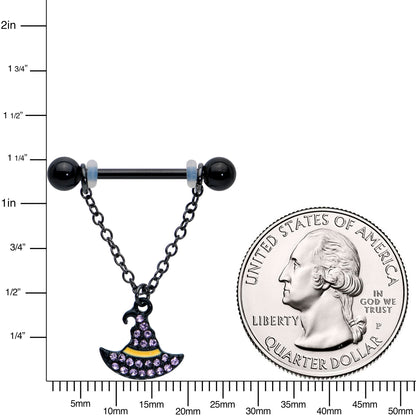 14G 9/16 Clear Gem Black Witch Hat Chain Dangle Nipple Ring Set