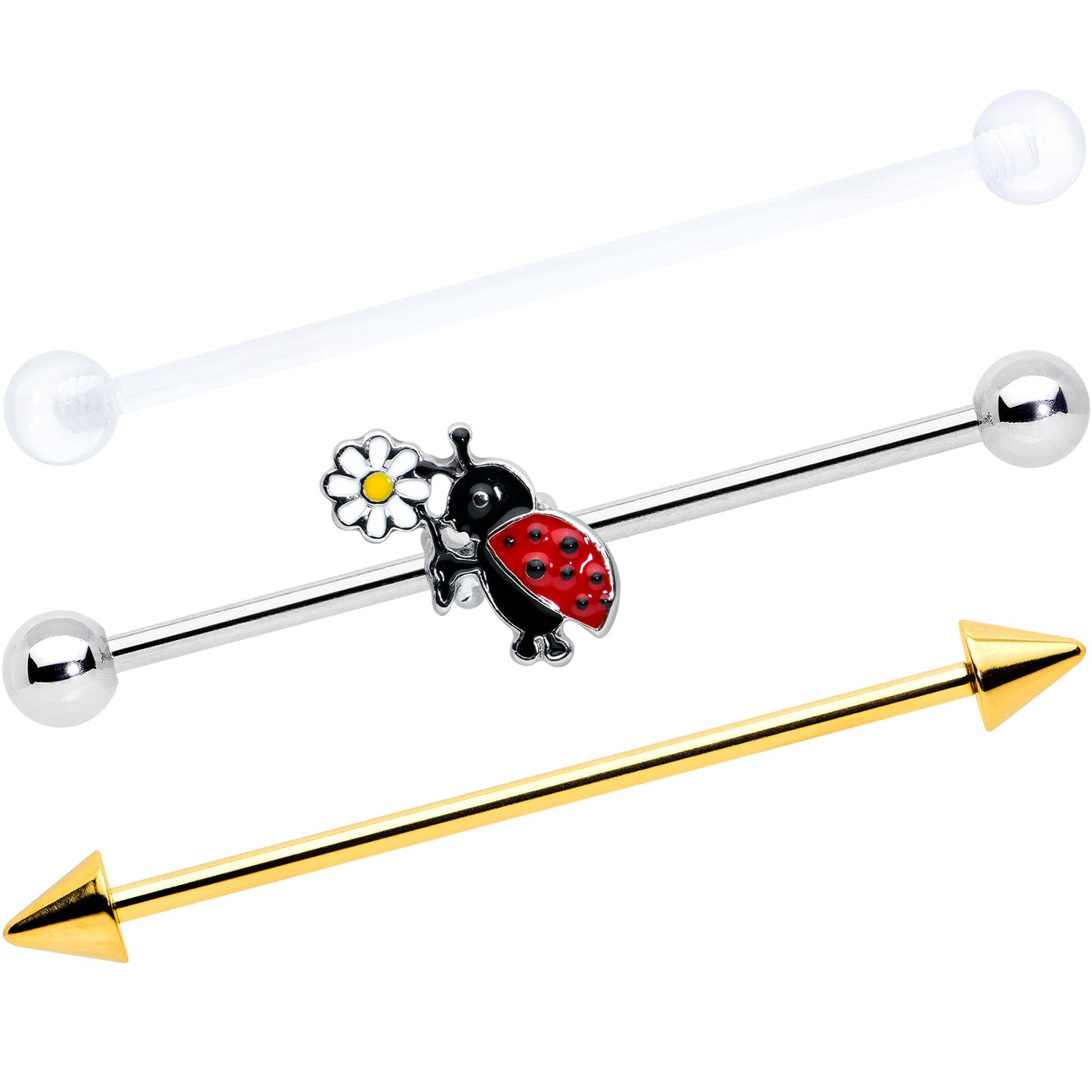 14G Gold Tone Spike UV Ladybug Industrial Barbell 38mm Set of 3