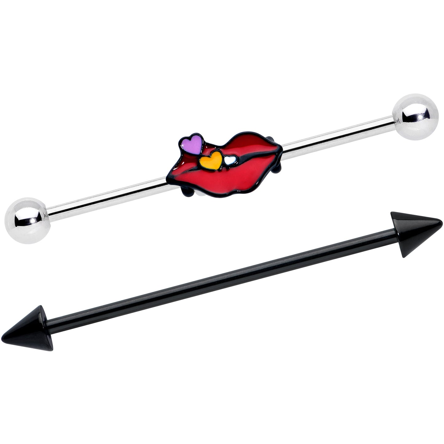 14G Black Cone End Lips Heart Industrial Barbell 38mm Set of 2