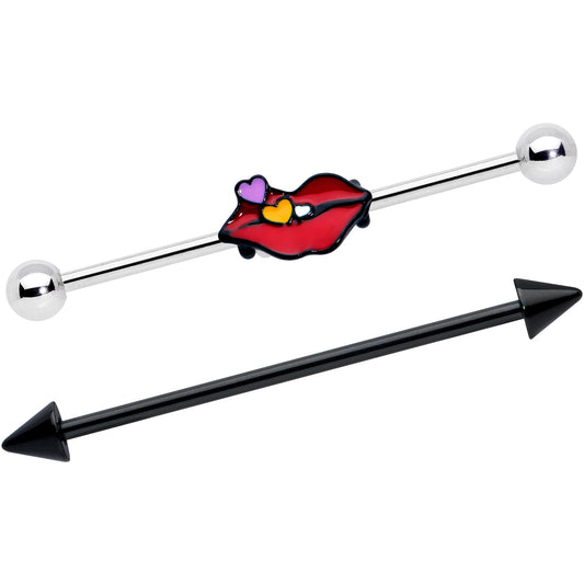 14G Black Cone End Lips Heart Industrial Barbell 38mm Set of 2