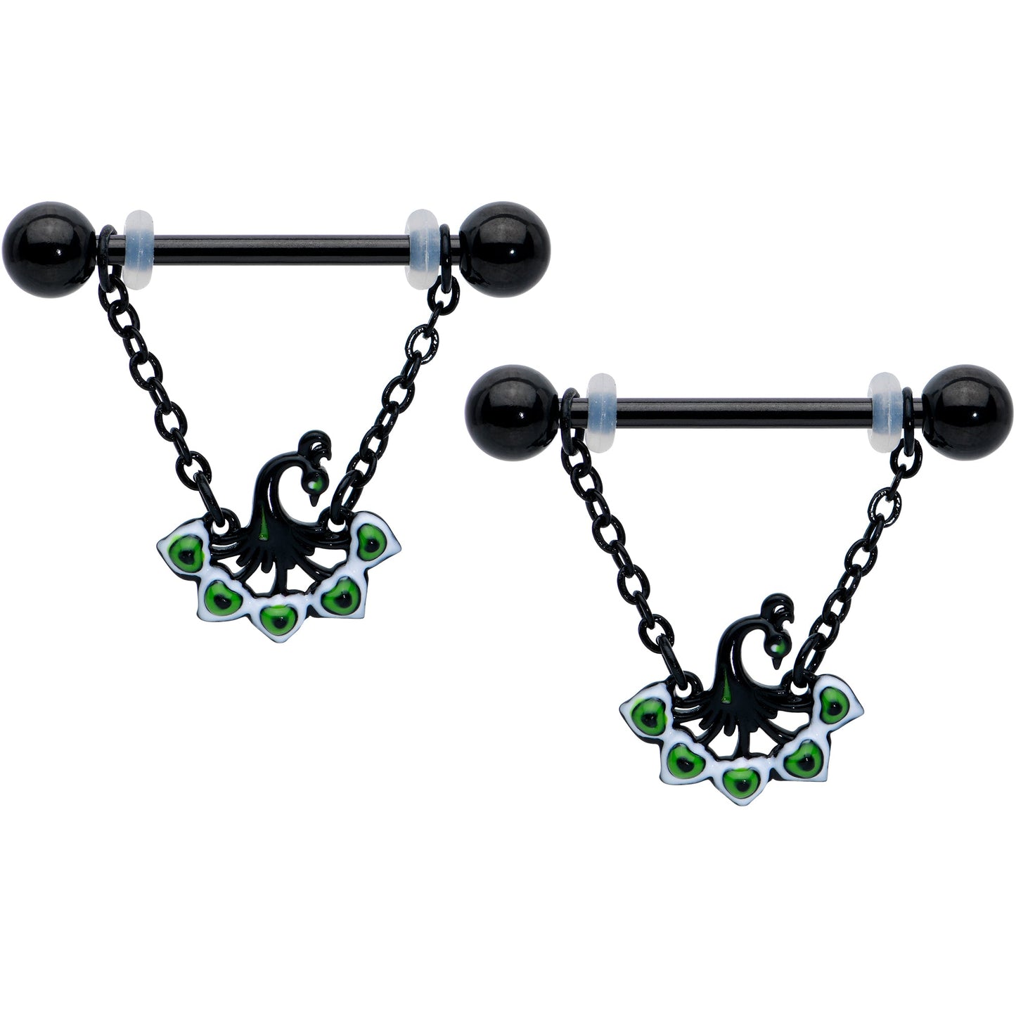 14G 11/16 Black Green Peacock Dangle Barbell Nipple Ring Set