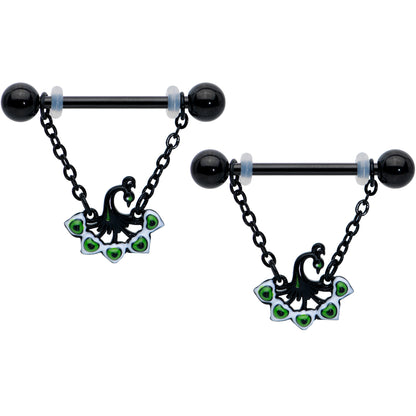 14G 11/16 Black Green Peacock Dangle Barbell Nipple Ring Set