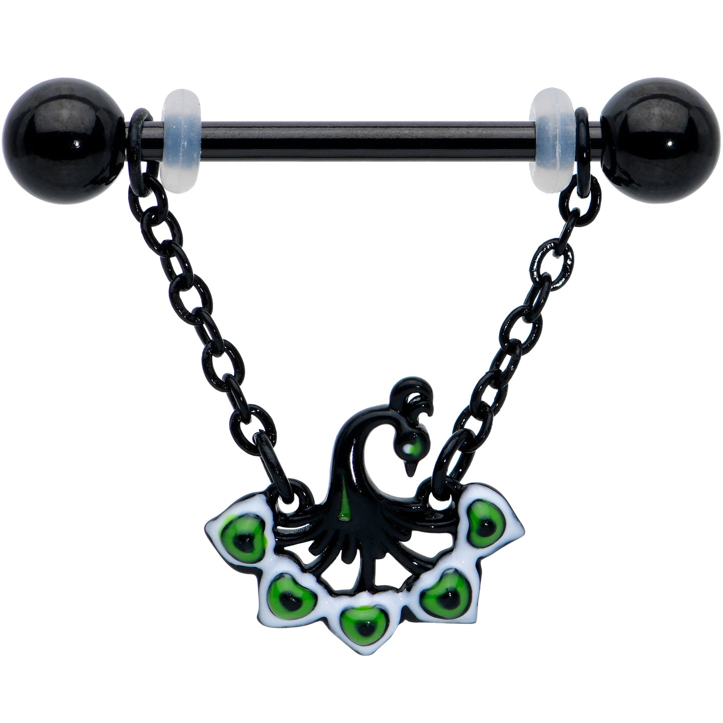 14G 11/16 Black Green Peacock Dangle Barbell Nipple Ring Set