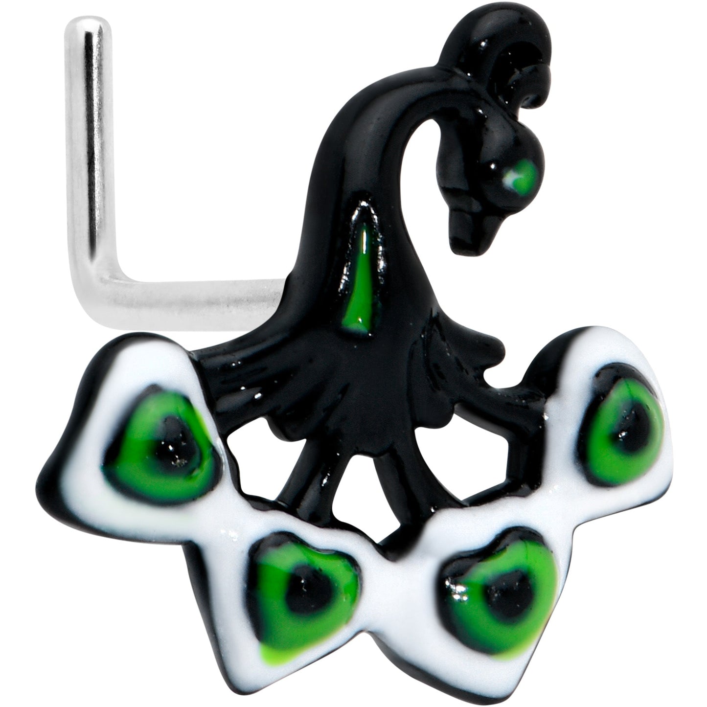 20G 1/4 Black Green Perfect Peacock L Shape Nose Ring