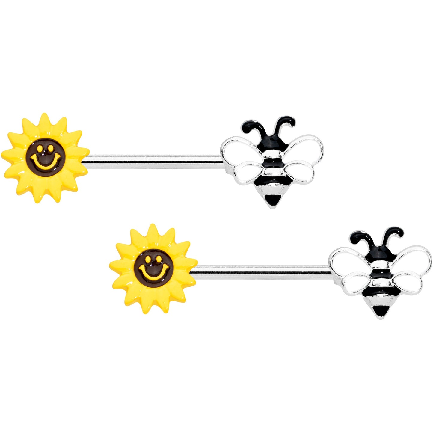 14G 9/16 Bee Smiley Sunflower Barbell Nipple Ring Set
