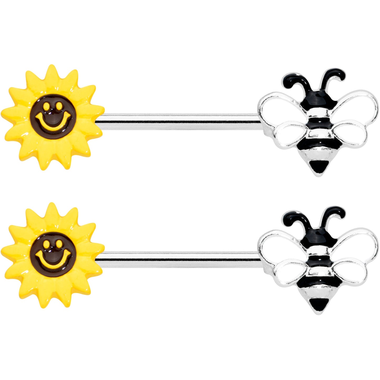 14G 9/16 Bee Smiley Sunflower Barbell Nipple Ring Set