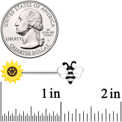 14G 9/16 Bee Smiley Sunflower Barbell Nipple Ring Set