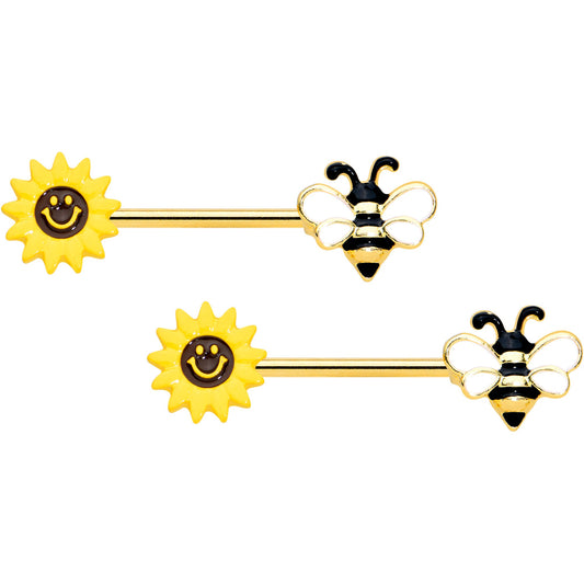 14G 9/16 Gold Tone Bee Smiley Sunflower Barbell Nipple Ring Set