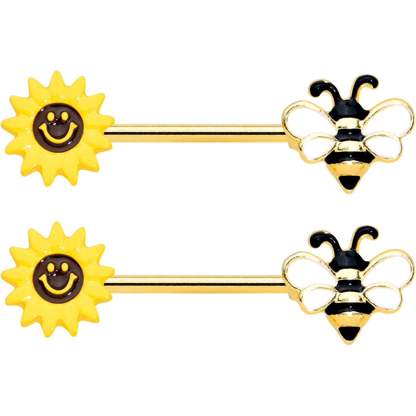 14G 9/16 Gold Tone Bee Smiley Sunflower Barbell Nipple Ring Set