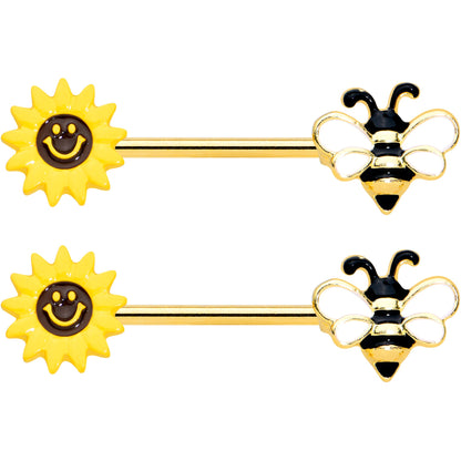 14G 9/16 Gold Tone Bee Smiley Sunflower Barbell Nipple Ring Set