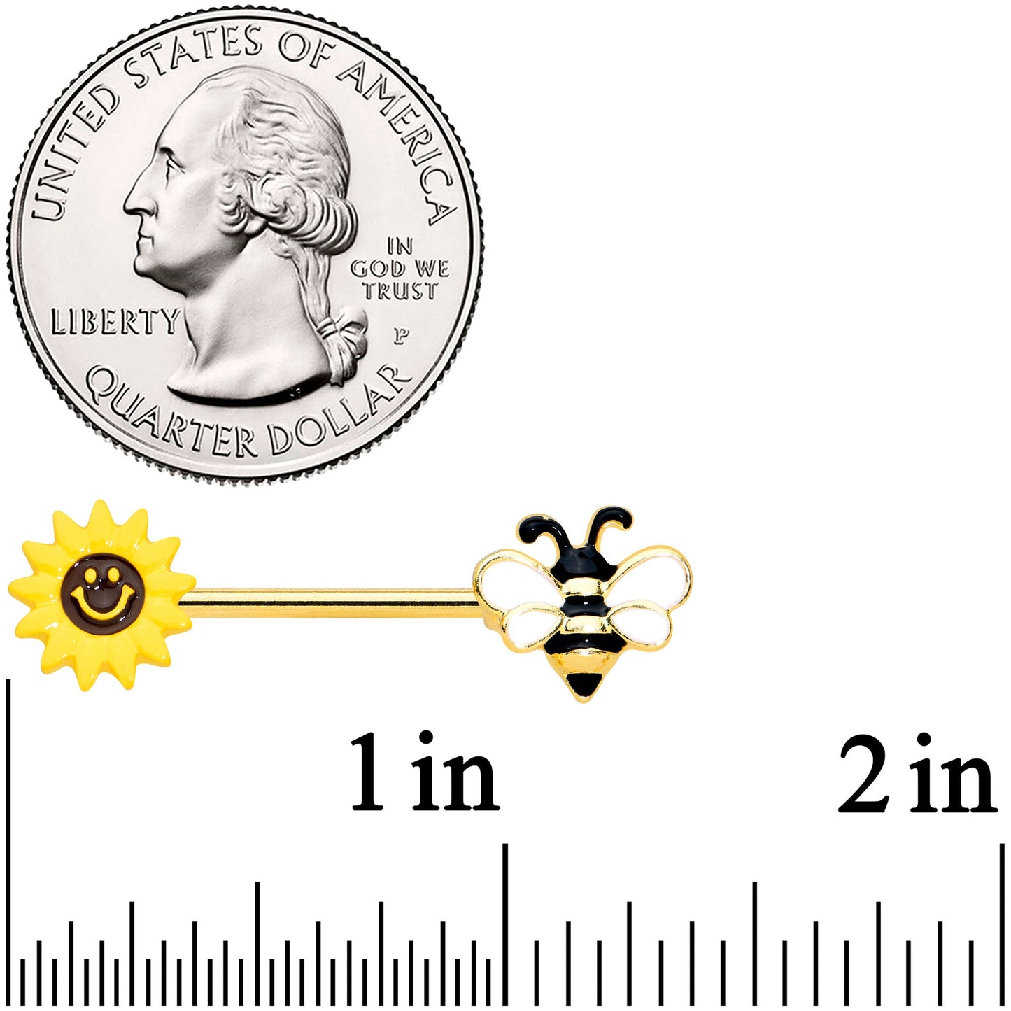 14G 9/16 Gold Tone Bee Smiley Sunflower Barbell Nipple Ring Set