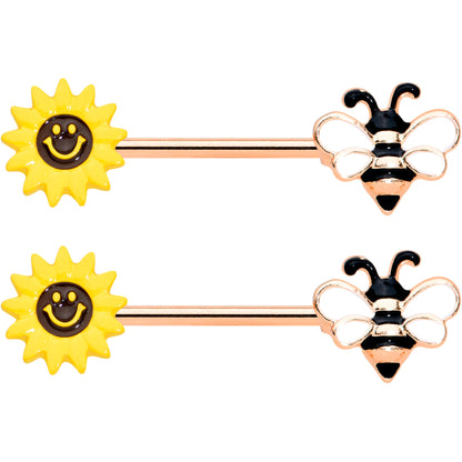 14G 9/16 Rose Gold Hue Bee Smiley Sunflower Nipple Ring Set