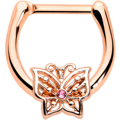 16G 5/16 Pink CZ Gem Rose Gold Tone Butterfly Cartilage Clicker