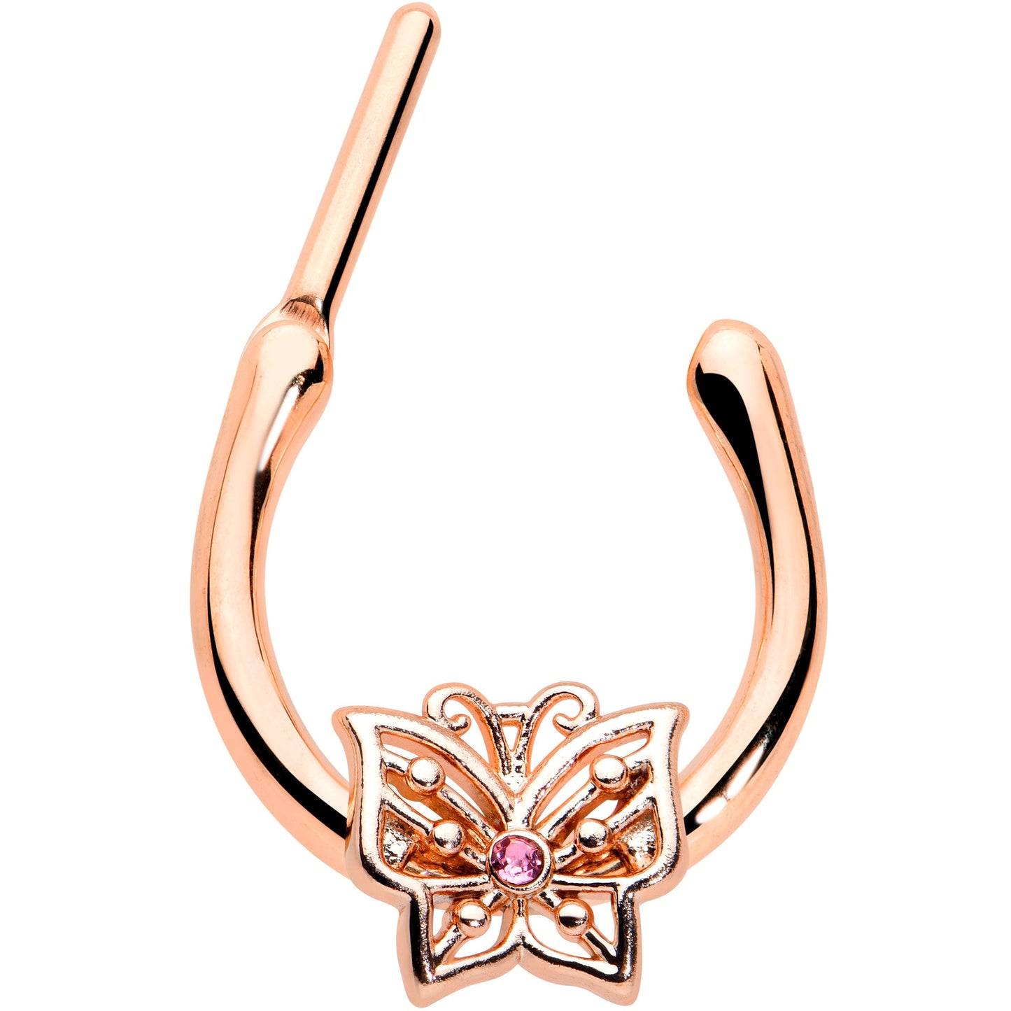 16G 5/16 Pink CZ Gem Rose Gold Tone Butterfly Cartilage Clicker
