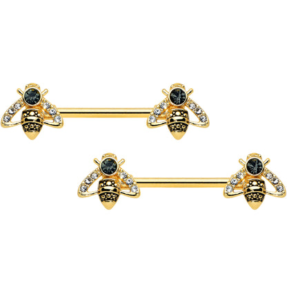 14G 9/16 Clear Black Gem Gold Tone Angular Bee Nipple Ring Set