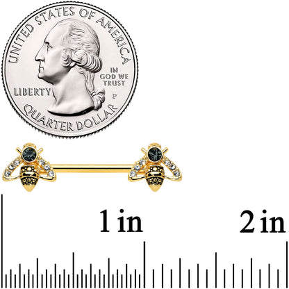 14G 9/16 Clear Black Gem Gold Tone Angular Bee Nipple Ring Set