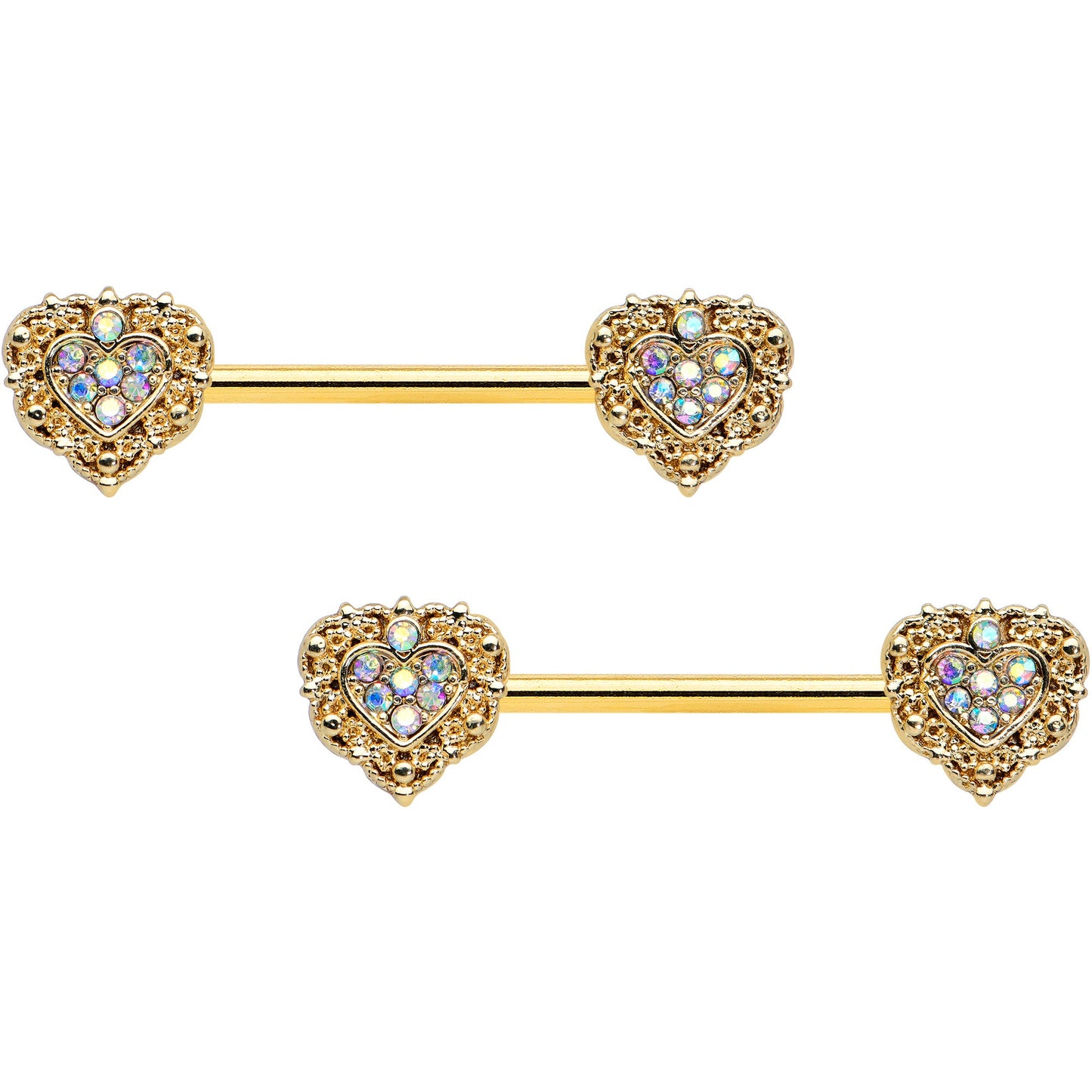14G 9/16 Aurora Gem Gold Tone Baroque Heart Nipple Ring Set