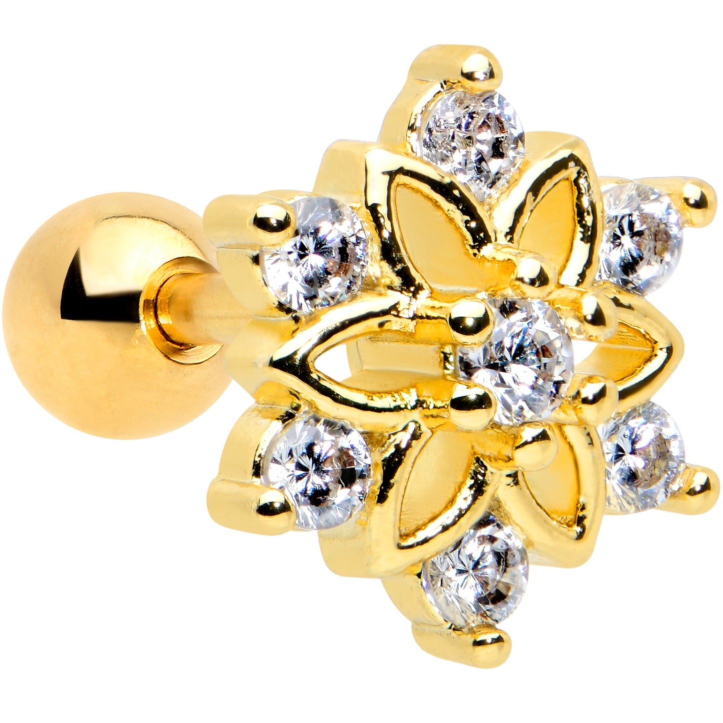 16G 1/4 Clear Gem Gold Tone Flower Snowflake Christmas Cartilage Tragus