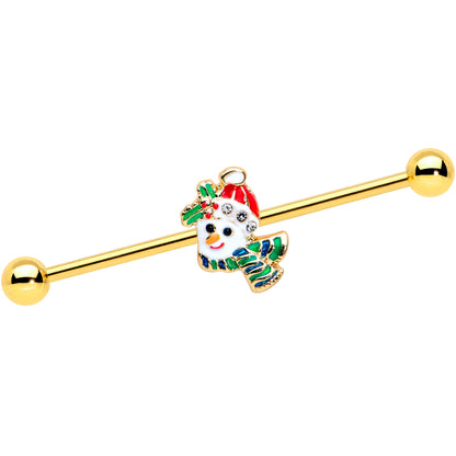 14G Clear Gem Gold Tone Snowman Christmas Industrial Barbell 38mm
