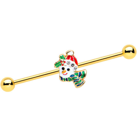 14G Clear Gem Gold Tone Snowman Christmas Industrial Barbell 38mm
