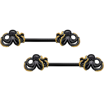 14G 9/16 Black Understated Octopus Barbell Nipple Ring Set