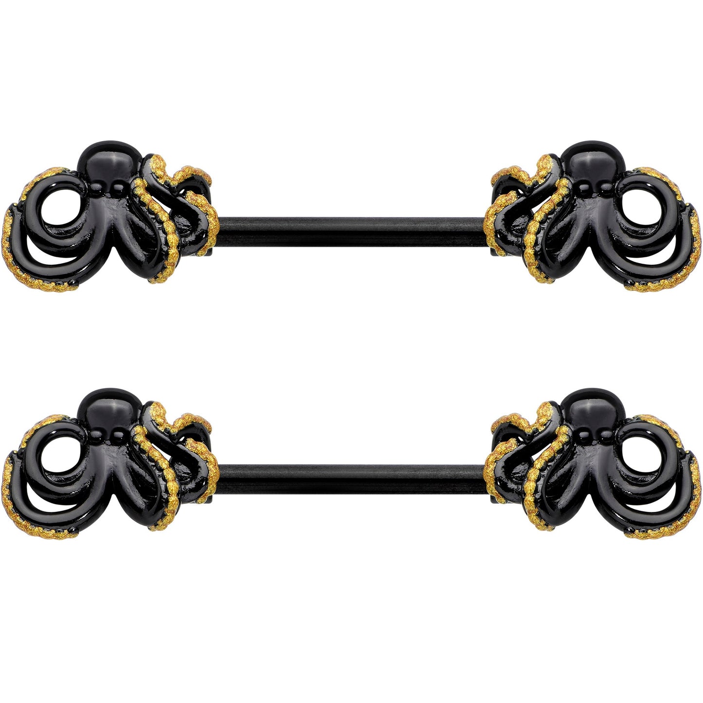 14G 9/16 Black Understated Octopus Barbell Nipple Ring Set