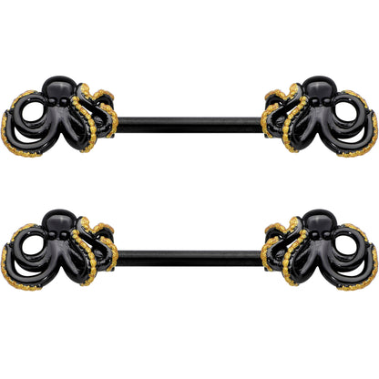 14G 9/16 Black Understated Octopus Barbell Nipple Ring Set