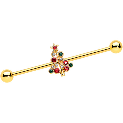 14G Red Gem Gold Tone Christmas Tree Industrial Barbell 38mm