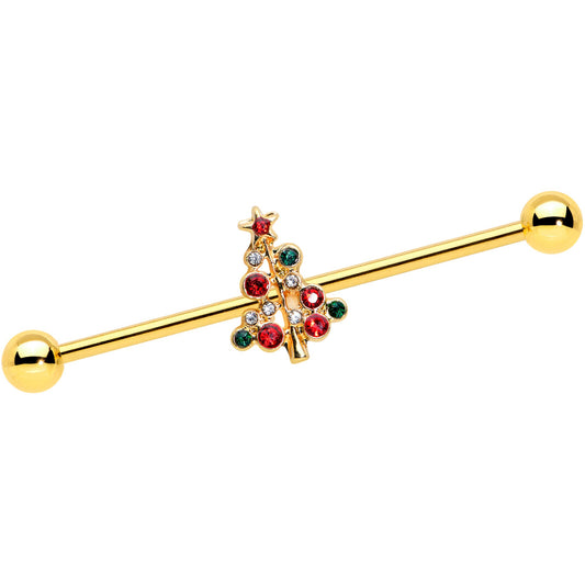 14G Red Gem Gold Tone Christmas Tree Industrial Barbell 38mm