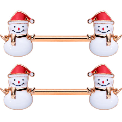 14G 9/16 Rose Gold Tone Smiling Snowman Christmas Nipple Ring Set