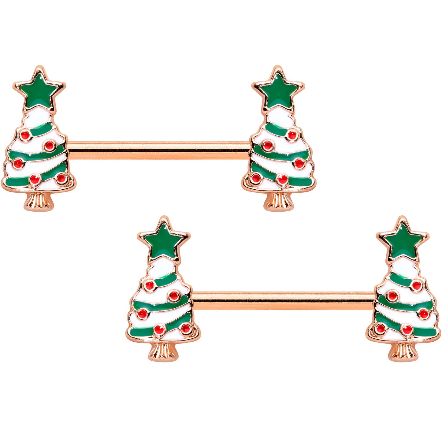 14G 9/16 Red Gem Rose Gold Tone Christmas Tree Nipple Ring Set