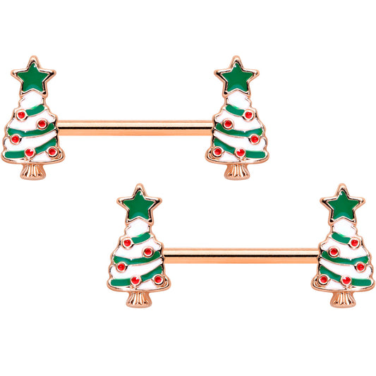 14G 9/16 Red Gem Rose Gold Tone Christmas Tree Nipple Ring Set