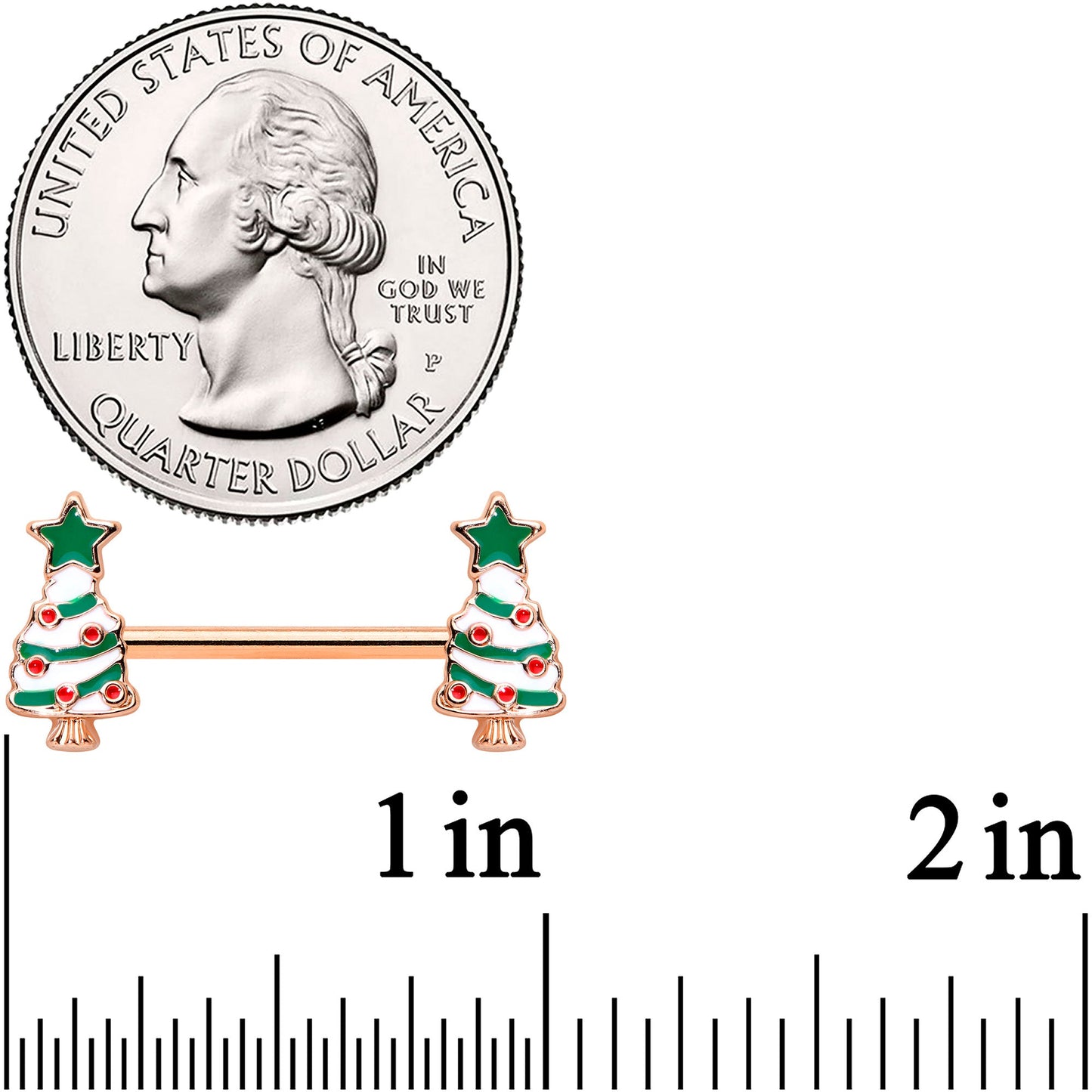 14G 9/16 Red Gem Rose Gold Tone Christmas Tree Nipple Ring Set