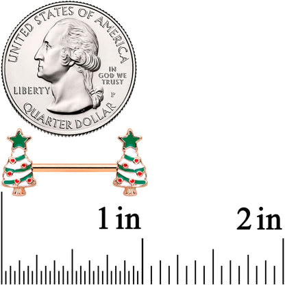 14G 9/16 Red Gem Rose Gold Tone Christmas Tree Nipple Ring Set