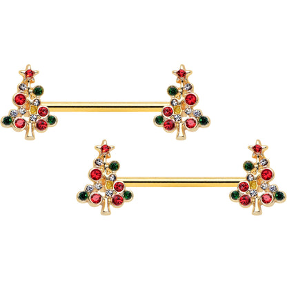 14G 9/16 Red Gem Gold Tone Christmas Tree Nipple Ring Set
