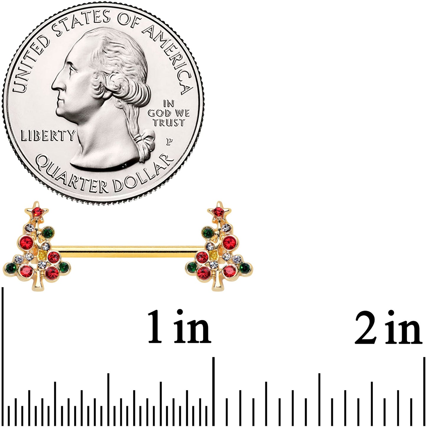 14G 9/16 Red Gem Gold Tone Christmas Tree Nipple Ring Set