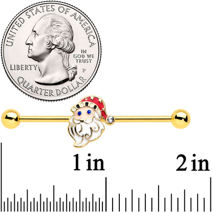 14G Gold Tone Blue Eyed Santa Christmas Industrial Barbell 38mm