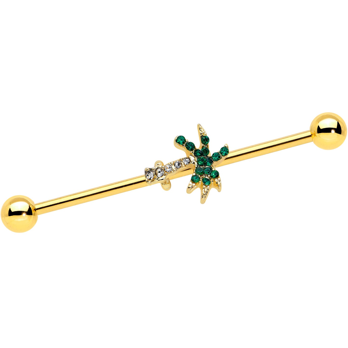 14G Green Gem Gold Tone Tropic Palm Tree Industrial Barbell 38mm