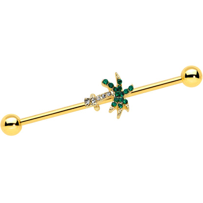 14G Green Gem Gold Tone Tropic Palm Tree Industrial Barbell 38mm