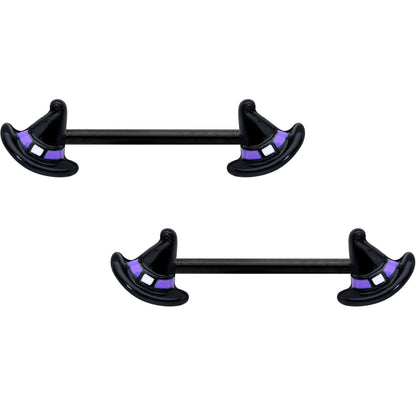 14G 5/8 Black Purple Band Witch Hat Halloween Nipple Ring Set
