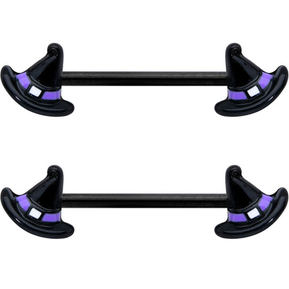 14G 5/8 Black Purple Band Witch Hat Halloween Nipple Ring Set